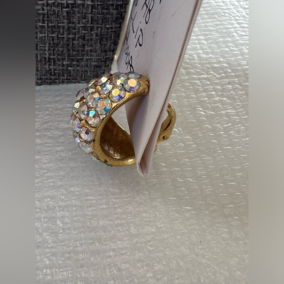 Gold tone Super AB Sparkle Rhinestone Clip Hoop Earrings - Picture 3 of 7